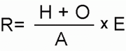 drawing of this formula; (R equals H plus O over A, times E)